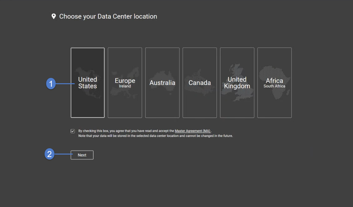 Screenshot of the datacenter location choices Screenshot of the datacenter location choices