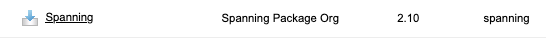 Salesforce Installed Packages screen showing Spanning Backup app at version 2.10