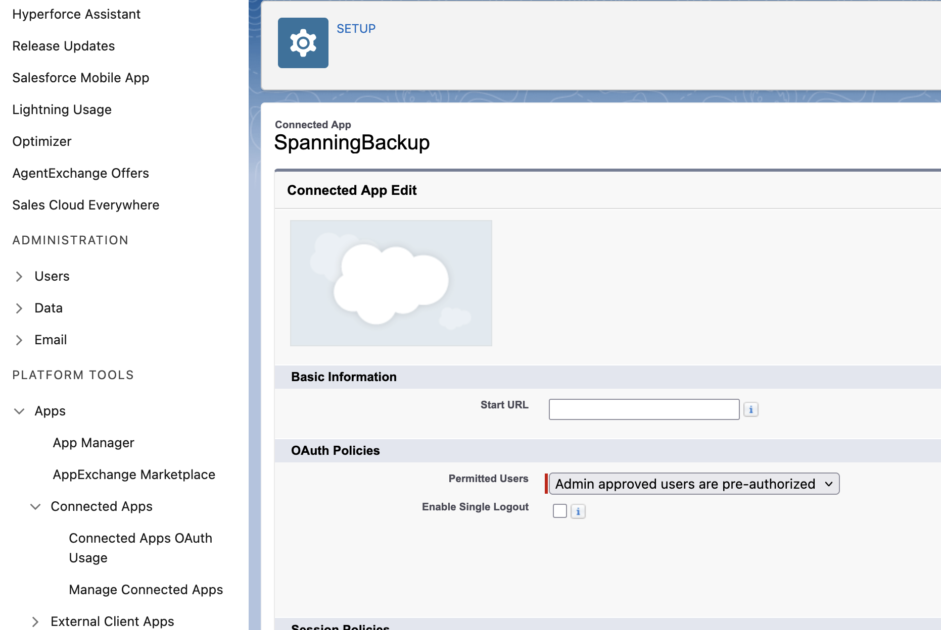 Salesforce Edit Policies screen showing Permitted Users set to Admin approved users are pre-authorized